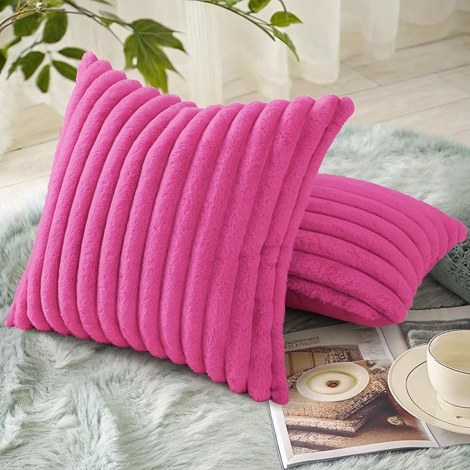 decorUhome Summer Cozy Faux Fur Throw Pillow Covers 22x22 Set of 2 Decorative Soft Plush Striped Modern Farmhouse Boho Couch Euro Sham Pillow Cases with Velvet Back for Sofa Bed Living Room, Hot Pink
