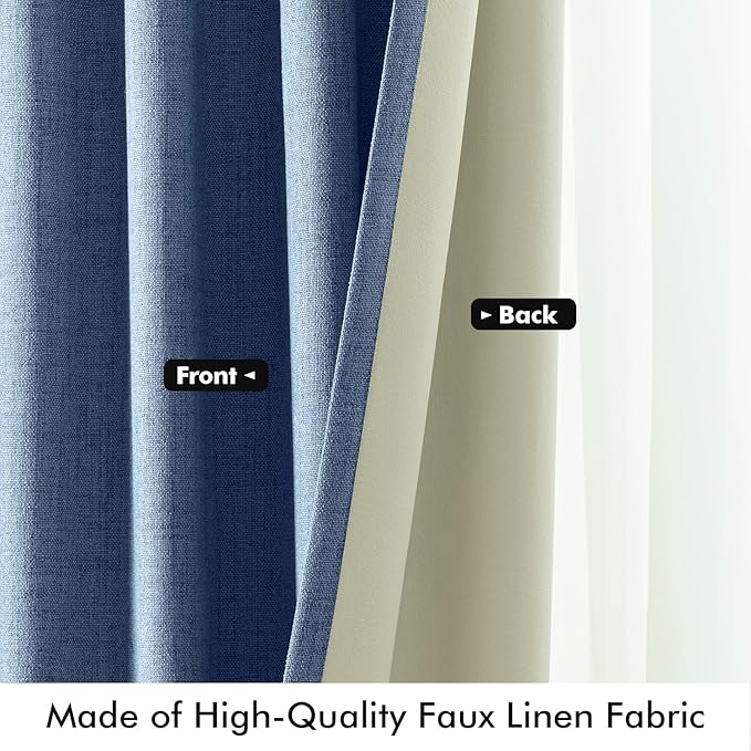 MIULEE 100% Blackout Linen Curtains for Bedroom, Blue Solid Luxury Decor Thermal Insulation Room Darkening Drapes for Living Room Nursery Back Tab Rod Pocket 42 x 90 Inches, 2 Panels