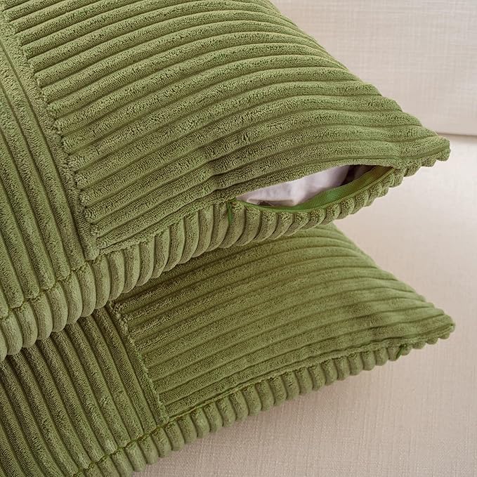 Fancy Homi 2 Packs Moss Green Lumbar Decorative Throw Pillow Covers 16x32 Inch for Living Room Couch Bed, Rustic Farmhouse Boho Home Decor, Soft Striped Corduroy Rectangle Accent Cushion Case 40x80 cm
