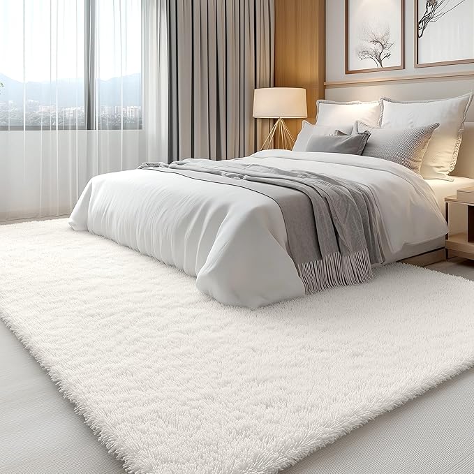 OLANLY 7x11 Machine Washable Large Area Rugs for Living Room, Bedroom, Soft Fluffy Shaggy Bedside Rug, Indoor Floor Carpet for Kids Girls and Boys, Dorms, Nursery, Home Decor Aesthetic, Ivory