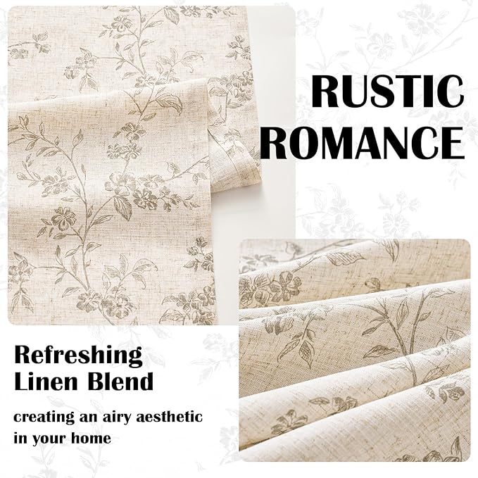 Lazzzy Grey Floral Linen Curtains 84 Inch Length Farmhouse Curtain Back Tab Drapes for Living Room Bedroom Light Filtering Vintage Rod Pocket Curtains, 2 Panels, Gray on Beige