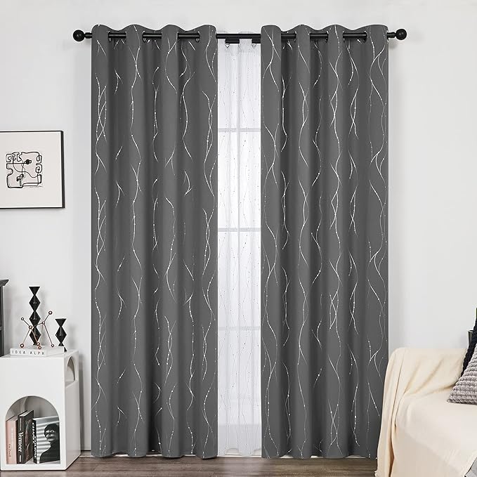 Deconovo Blackout Curtains, Grey Curtain, Thermal Insulated Soundproof Curtain Drapes, Wave Dot Foil Print, 52 x 84 Inch, 2 Panels, Machine‑Washable Privacy Window Drape for Bedroom Living Room Office