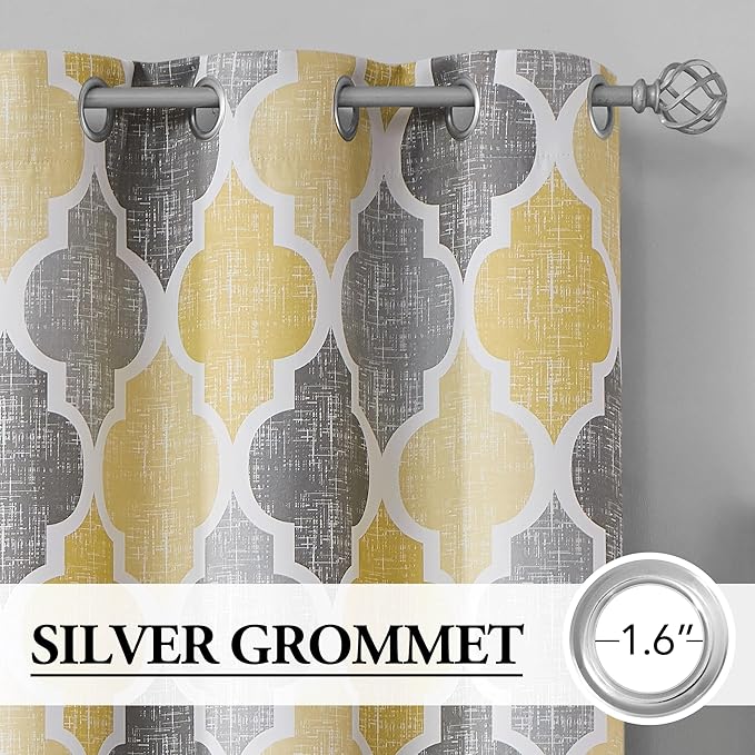 Beauoop 100% Blackout Curtains 108 Inches Long 2 Panels for Bedroom Living Room Yellow Grey Moroccan Geo Room Darkening Thermal Insulated Soundproof Grommet Top Window Treatments Drapes, 50x108x2