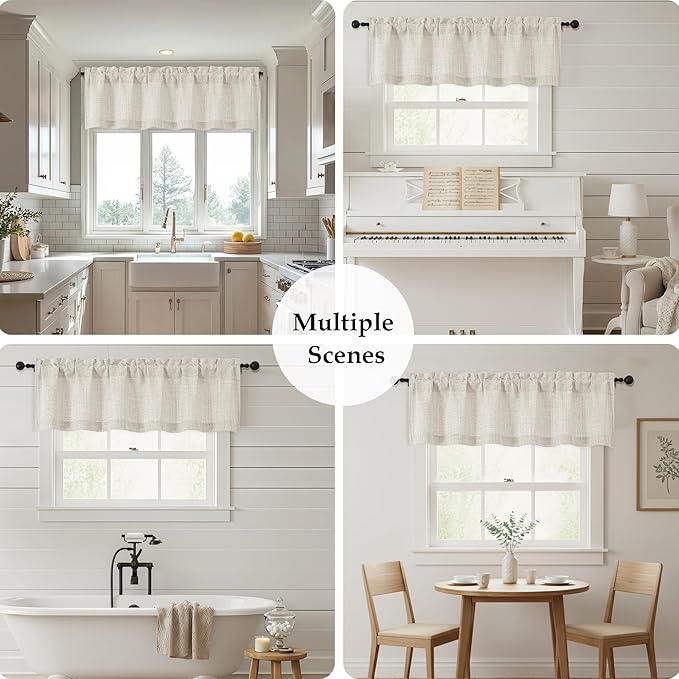 OWENIE Natural Valances for Windows 1 Pcs 22 Inch Length, Light Filtering Textured Short Small Valance Curtains for Bathroom Basement Living Room Bedroom, Half Window Curtains Over Sink, 60"W by 22"L