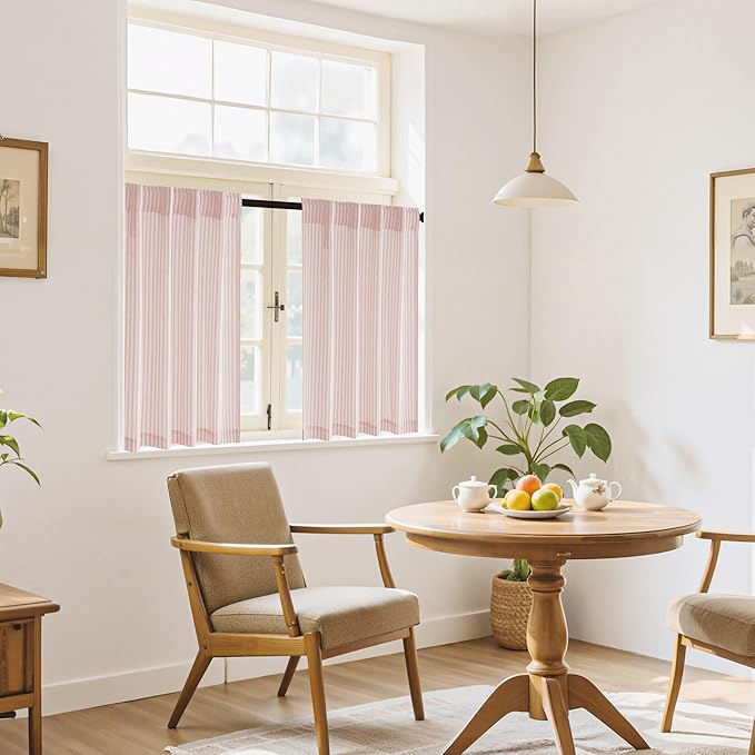 RYB HOME Linen Cafe Curtains 24 inch Length, Kitchen Farmhouse Striped Tier Curtains for Living Room Bathroom Tickingstripe Small Window Rustic Pinstripe Valances, Pink, W26 x L24, 2 Panels