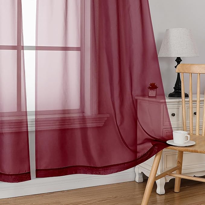 Simplebrand Red Short Sheer Curtains 45 Inch Length for Small Windows, Rod Pocket 2 Panels Set Solid Voile Drapes Window Sheer Curtains for Bedroom Bathroom Kids Room Kitchen, 42x45 Inch, Burgundy