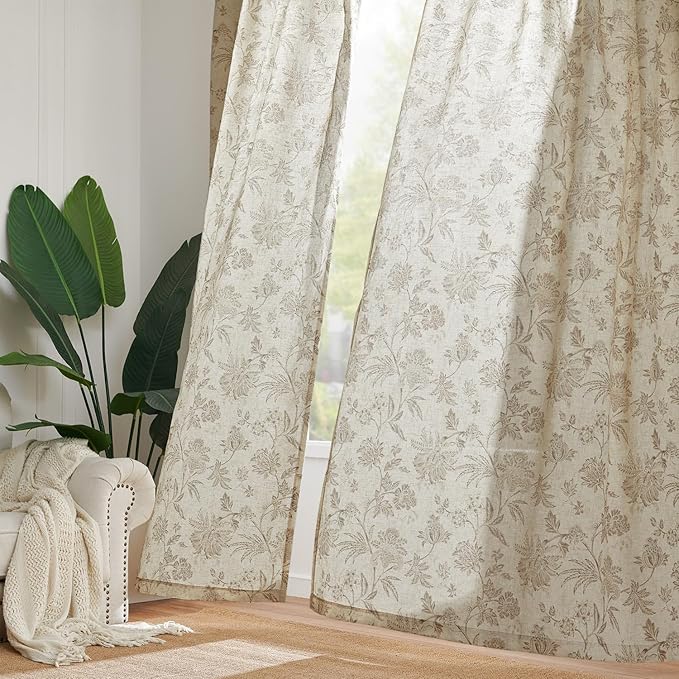 jinchan Linen Floral Curtains for Living Room with Printed Flower 96 Inches Long Light Filtering French Country Back Tab Rod Pocket Taupe Window Curtain Set Farmhouse Drapes 2 Panels Taupe
