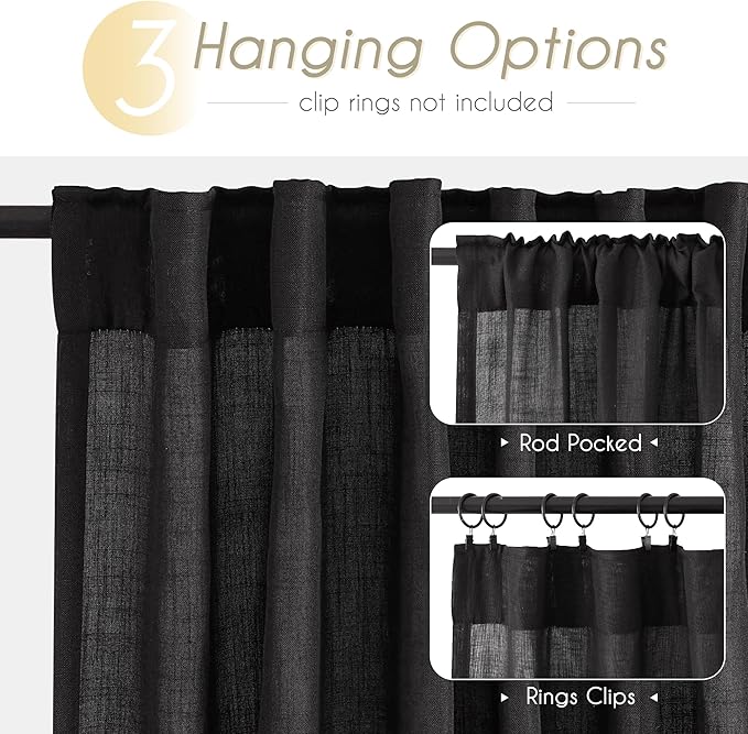 Black Linen Curtains 132 inches Long for Bedroom Back Tab Light Filtering Privacy Semi Sheer Black Curtains Living Room Boho Rustic Farmhouse Cotton Textured Gauze Curtain 2 Panel Set