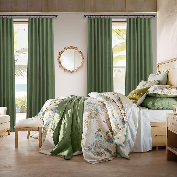 Pitalk Olive Green Curtains 102 Inch Length for Living Room 2 Panels Back Tab Pocket Linen Sheer Semi Light Weight Breathable Airy Flowy Loden Green Boho Curtain for Bedroom Bay Window 8.5 FT Long