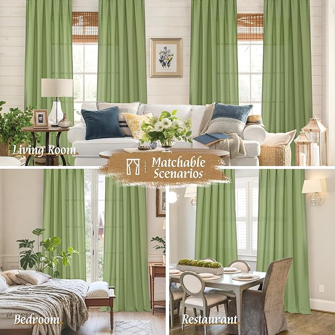 LAMIT Green Linen Curtains 63 inch Length for Bedroom, Faux Linen Light Filtering Window Treatments Neutral Rod Pocket Drapes for Living Room/Farmhouse, 2 Panels Set, 42 x 63 Inch