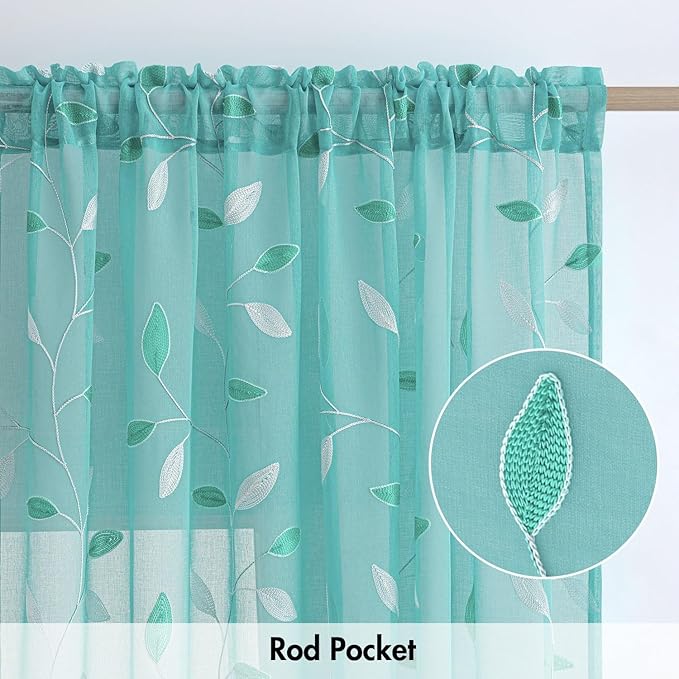 MIULEE Turquoise Sheer Curtains 2 Panels Embroidered Leaf Patterned Rod Pocket Floral Semi Sheer Faux Linen Window Curtains Drapes Set for Living Room Bedroom Dining Room, 52x63 Inches Long
