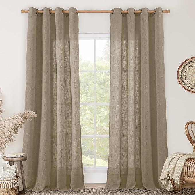 LAMIT Linen Curtains for Living Room 84 inch Length 2 Panels, Light Filtering Semi Sheer Curtains Bronze Grommet Farmhouse Panels for Bedroom/Sliding Glass Door, Taupe, 52 x 84 Inch