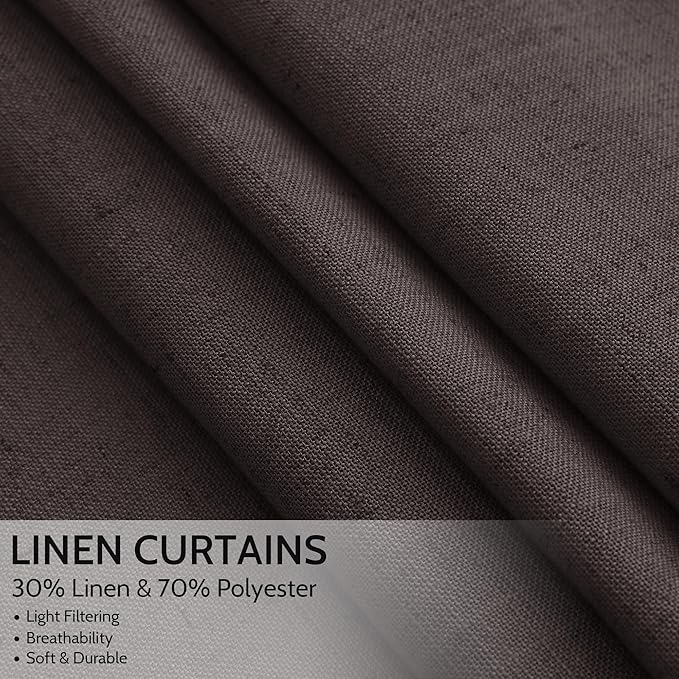 Nanspring Cocoa Coffee Linen Blend Light Filtering Back Tab Curtains 108 Inches Long, Semi Sheer Privacy Drapes for Living Room & Bedroom, 52x108 inch, 2 Panels
