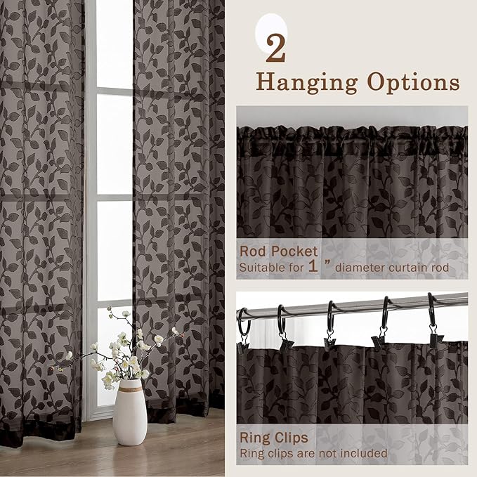 Chyhomenyc Chocolate Sheer Curtains 90 Inch Length 2 Panels Set, Light Filtering Tufted Textured Soft Airy Rod Pocket Gentle Leaf Window Treatment Drapes for Bedroom Living Room, 52" Wx90 L, 2PCS