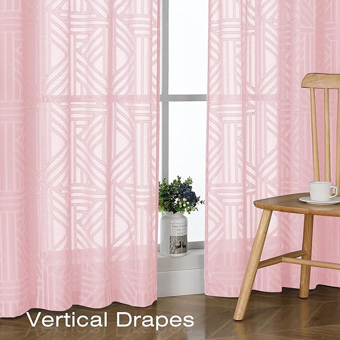 Simplebrand Blush Semi Sheer Curtains 84 Inches Long 2 Panels, Light Filtering Geometric Jacquard Clip Textured Sheer Curtains for Living Room，Modern Elegant Window Curtains Drapes，42x84 inch