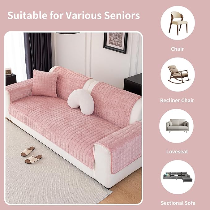 Velvet Couch Cover, Washable Sectional Sofa Cover, Anti Slip Sofa Slipcover for 3 Cushion Couch Sofa L Shaped Armrest Backrest, Furniture Protector Covers for Pets Kids(1PC,Pink,36"×83")