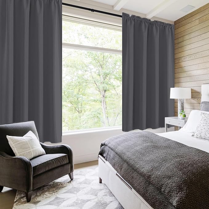 DWCN Kitchen Blackout Short Curtains for Bedroom 45 Inch Length 2 Panels Set, Solid Thermal Insulated Energy Saving Rod Pocket Window Treatment Curtains Blackout Draperies (W42 x L45 Inch, Dark Grey)
