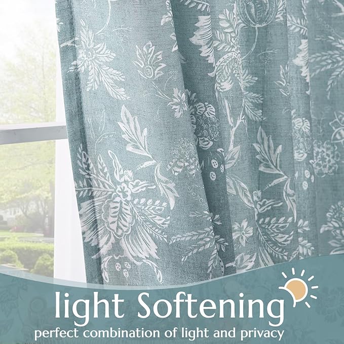 jinchan Linen Floral Curtains for Living Room, 63 Inch Length Curtains with Printed Flower Light Filtering Curtain, Rod Pocket Back Tab Blue Window Treatment Set Bedroom Curtain, 2 Panels Blue