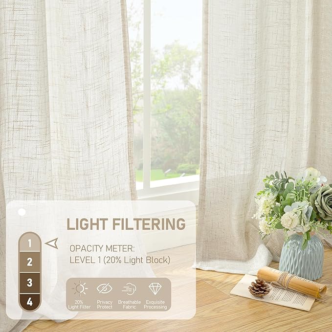 LAMIT Natural Linen Semi Sheer Window Curtains 54 Inch, Light Filtering Neutral Bedroom Curtains Farmhouse Boho Back Tab and Rod Pocket Panels, Cream Ivory, 2 Panels, 52 x 54 Inch