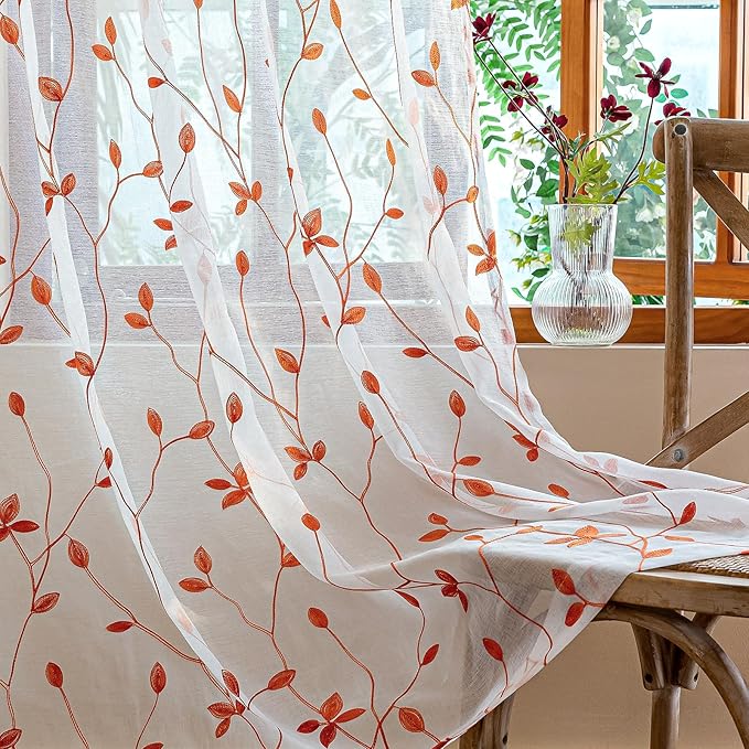 AmHoo 2 Panels Embroidered Leaf Pattern Semi Sheer Curtains Foliage Floral Voile Window Draperies Treatment for Bedroom Living Room Rod Pocket White Burnt Orange 53 x 84 Inch
