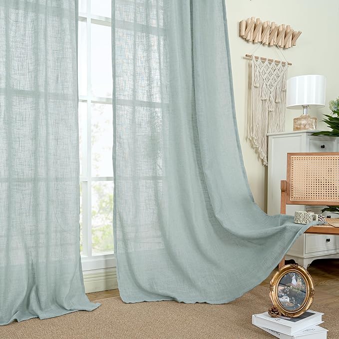 LAMIT 54 Inch Semi Sheer Window Linen Curtains, Light Filtering Panels Back Tab and Rod Pocket Neutral Drapes for Bedroom/Living Room, Greyish Blue, 2 Panels, 34 x 54 Inch