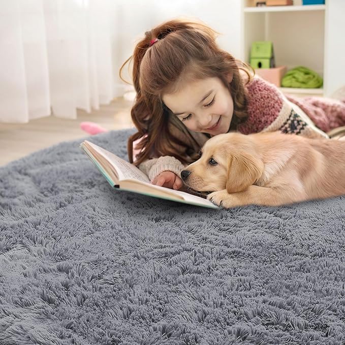 OLANLY Light Grey Round Rugs for Bedroom - Machine Washable, 5 ft Circle Area Rugs for Living Room, Soft and Fluffy Shaggy Carpet for Teen Girls and Boys, Nursery Rooms, Dorms, Home Decor Aesthetic