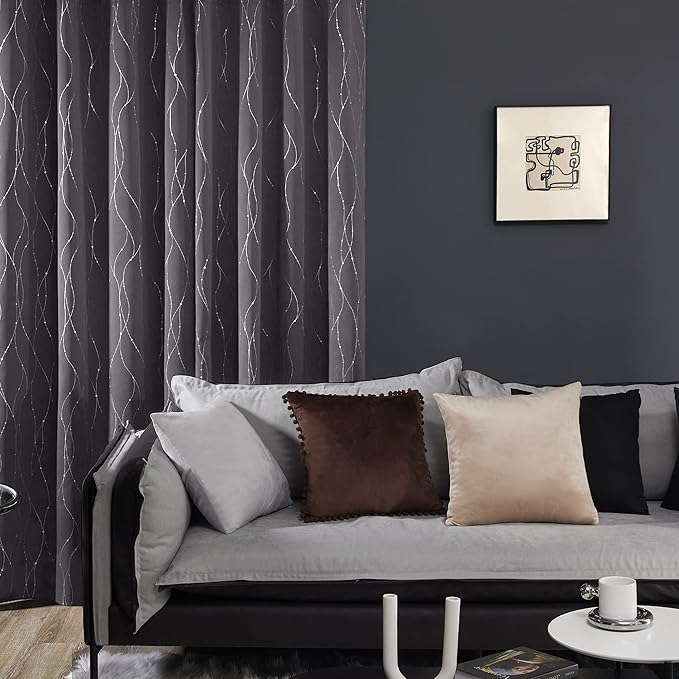 Deconovo Short Curtains Grey, Blackout Kitchen Curtain, Thermal Insulated Soundproof Drapes, Wave Dots Foil Print, 52 x 54 Inches, 2 Panels, Machine‑Washable Privacy Window Panel for Small Windows