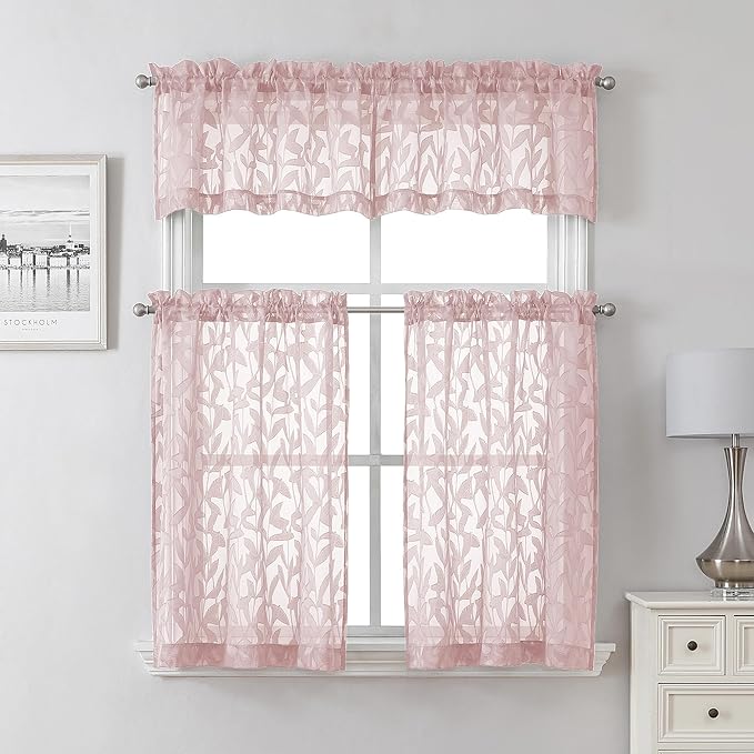 Lecloud Leia Blush Pink Sheer Curtains 36 Inch Length 2 Panels, Jacquard Leaf Textured Voile Short Curtains, Dual Rod Pocket Semi Sheer Tiers for Kitchen Bathroom Bedroom Living Room, 28" W x 36" L