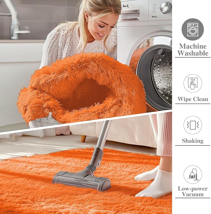 OLANLY 5x7 Machine Washable Large Area Rugs for Living Room, Bedroom, Soft Fluffy Shaggy Bedside Rug, Indoor Floor Carpet for Kids Girls and Boys, Dorms, Home Decor Aesthetic, Orange
