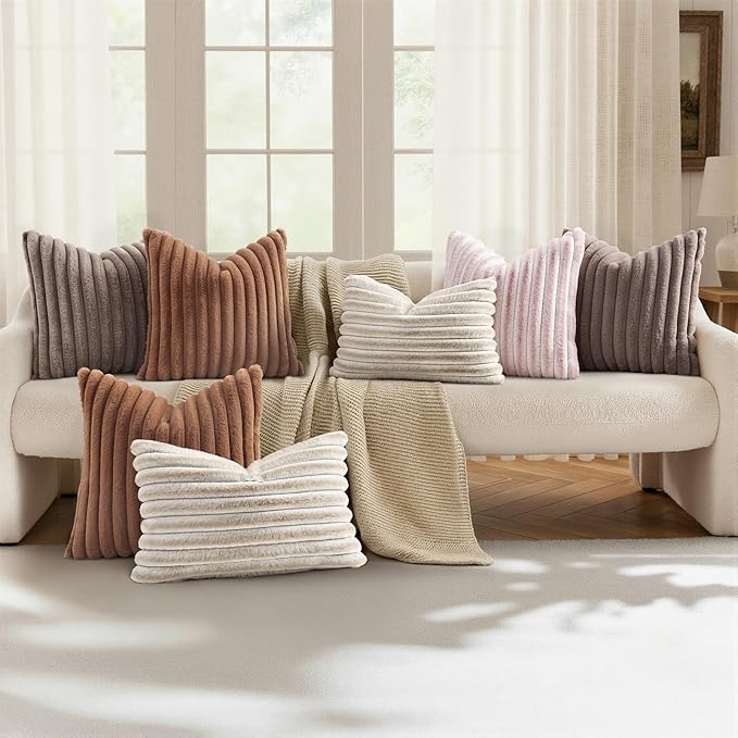decorUhome Summer Cozy Faux Fur Throw Pillow Covers 22x22 Set of 2 Decorative Plush Striped Modern Farmhouse Boho Couch Euro Sham Pillow Cases with Velvet Back for Sofa Bed Living Roomr, Pink White