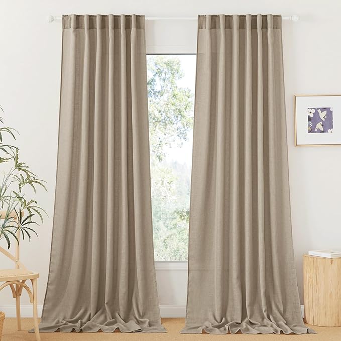 RYB HOME Extra Long Linen Curtains for Dining Room 120 inches Long, Back Tab Farmhouse Light Filtering Privacy Lightweight Floor Sweeping Drapes for Living Room, Khaki, 52" W, 2 Panels