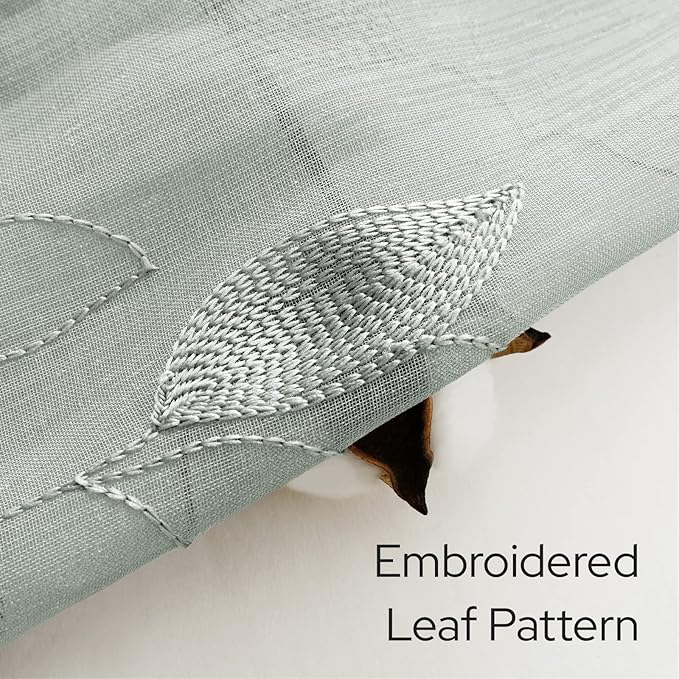 HOMEIDEAS Sage Green Sheer Curtains 52 x 54 Inch Length 2 Panels Embroidered Leaf Pattern Short Curtains for Bedroom Half Small Window Rod Pocket Kitchen
