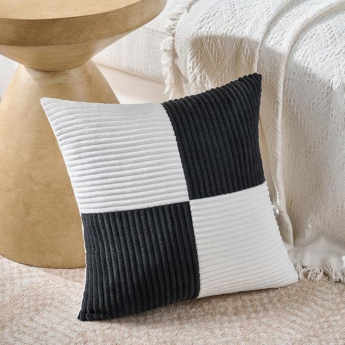 Fancy Homi Set of 2 Black White Decorative Throw Pillow Covers 16x16 Inch for Living Room Couch Bed, Modern Farmhouse Boho Home Decor, Soft Striped Corduroy Textured Square Cushion Case 40x40 cm