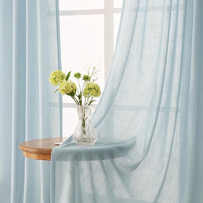Sky Blue Curtains 96 inch Length for Bedroom Back Tab Light Filtering Semi Sheer Blue Living Room Curtains Linen Cotton Textured Drapery Panel Aesthetic Decor Light Blue 52x96
