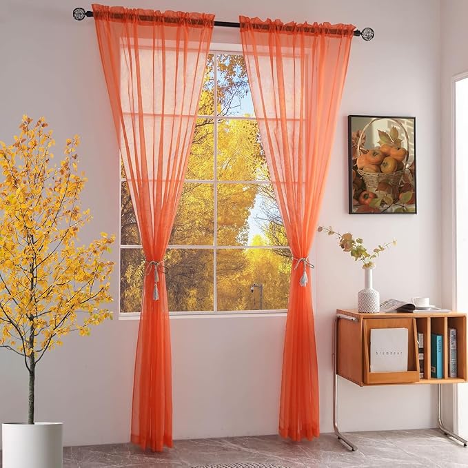 SpaceDresser Basic Rod Pocket Sheer Voile Window Curtain Panels Jaffa Orange 1 Pair 2 Panels 52 Width 96 Inch Long for Kitchen Bedroom Children Living Room Yard(Jaffa Orange,52 W x 96 L)