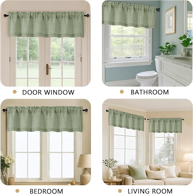 OVZME Green Valance for Windows, Light Filtering Faux Linen Textured Small Short Valance Kitchen Curtain, Dual Rod Pocket Top Short Window Curtain for Bathroom Basement Farmhouse, 1 Piece, 60Wx16L