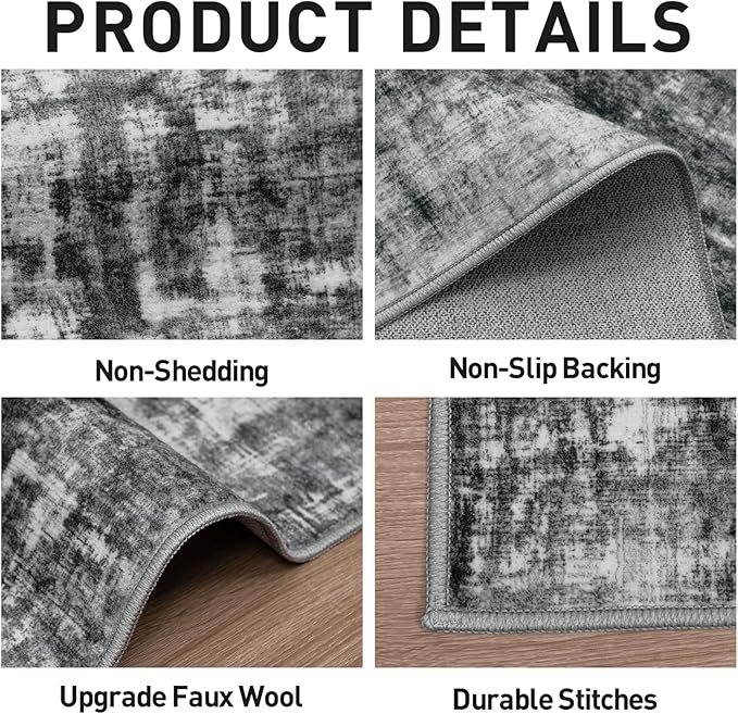 8x10 Area Rugs Washable Rug: Modern Abstract Living Room Rug Soft Anti-Skid Thin Carpet Indoor Floor Non-Shedding Carpets for Bedroom Dining Room Farmhouse Nursery Home Office Black