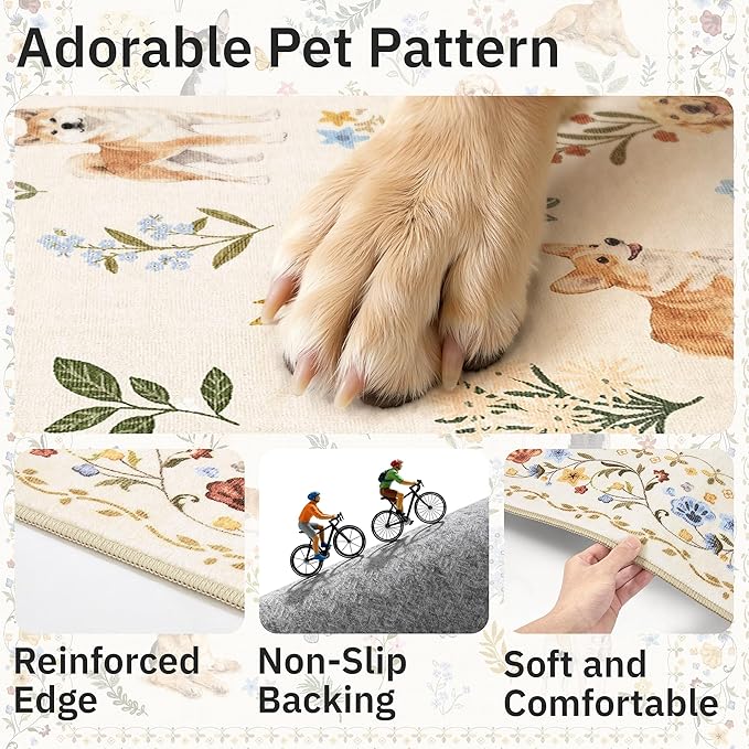 Dog 5x7 Area Rugs for Living Room, Machine Washable Animal Floral Vintage Rug Non-Slip Low Pile Soft Throw Rugs for Kitchen Dining Room Bedroom Nursery Playroom (5 x 7,Beige)