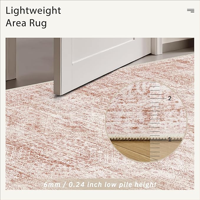 Soalmost 9x12 Area Rugs for Living Room, Non Slip Machine Washable Vintage Rugs, Low Pile Lightweight Large Rug for Bedroom, Dining Room, Home Office Pink
