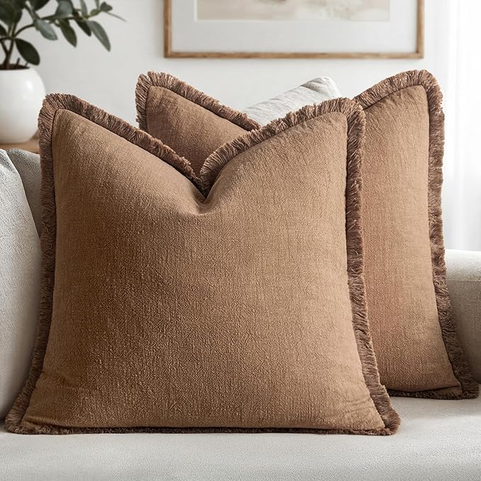 MIULEE Decorative Throw Pillow Covers Neutral Linen Fringe Throw Pillows Euro Shams Set of 2 Brown Boho Farmhouse Cushion Covers for Couch Sofa Bed Living Room Spring Home Decor 24x24 Inch