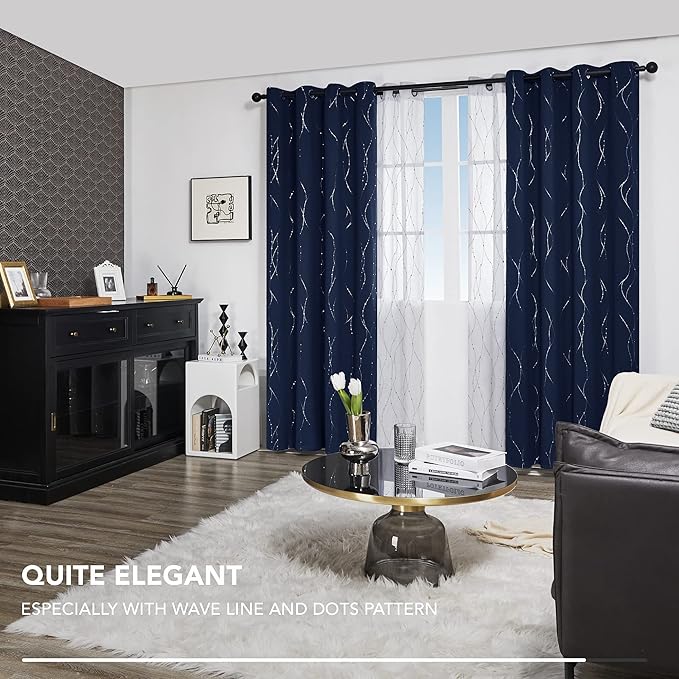Deconovo Blackout Curtains for Living Room, Thermal Insulated Soundproof Drapes, Wave Dots Silver Print, 52 x 84 Inches Long, 2 Panels, Machine‑Washable Window Panel for Bedroom Patio Door, Navy Blue