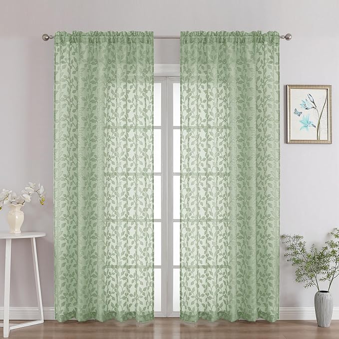 Chyhomenyc Sage Green Sheer Curtains 84 Inch Length 2 Panels Set, Light Filtering Tufted Textured Soft Airy Rod Pocket Gentle Leaf Window Treatment Drapes for Bedroom Living Room, 52" Wx84 L, 2PCS