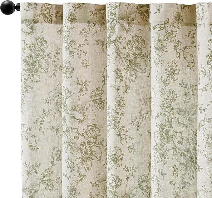 jinchan Linen Blend Floral Curtains for Living Room 54 Inch Length Farmhouse Printed Curtain Rod Pocket Back Tab Sage Green Peony Flower Patterned Drapes Bedroom Curtains Set 2 Panels