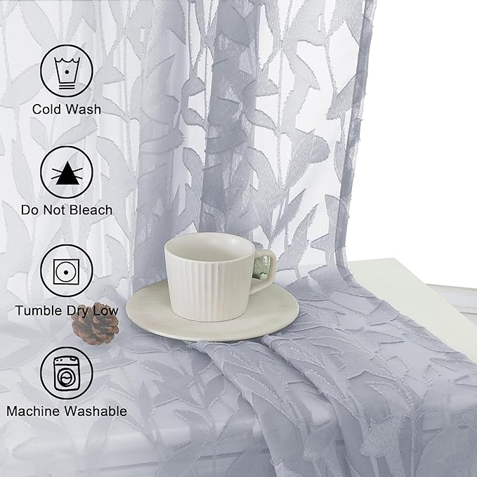 Lecloud Leia Light Grey Sheer Curtains 96 Inches Long 2 Panels, Jacquard Leaves Textured French Door Curtains Dual Rod Pockets, Farmhouse Living Room Bedroom Drapes Window Treatments, 40 W x 96 L