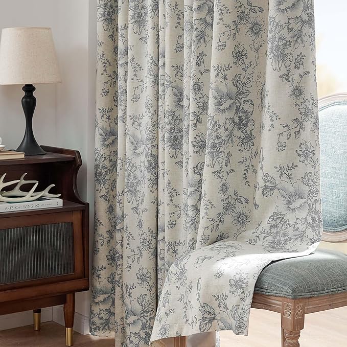 jinchan Blackout Floral Curtains for Living Room Bedroom Linen Blend Curtain Farmhouse Grey Printed with Lined Back Tab Rod Pocket Drapes Window Treatments 2 Panels 90 Inch Gray
