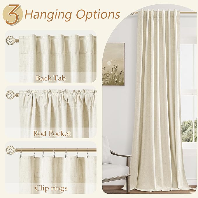 Guken 100% Blackout Curtains 100 Inch Length 2 Panels Set for Living Room Bedroom Back Tab Thermal Insulated Black Out Linen Drapes Room Darkening Window Curtains 100 Inches Long,Warm Beige