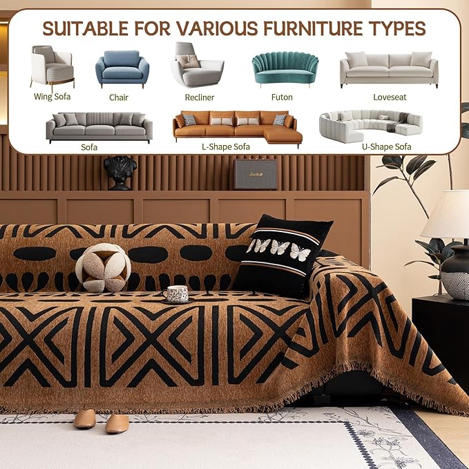 HANDONTIME Boho Couch Cover Geometric Striped Pet Covers for Couches and Sofas Copper Brown and Black Dog Cover for Couch Pet Friendly Chenille Sectional Sofa Covers for Pets Washable, 71" X 118"