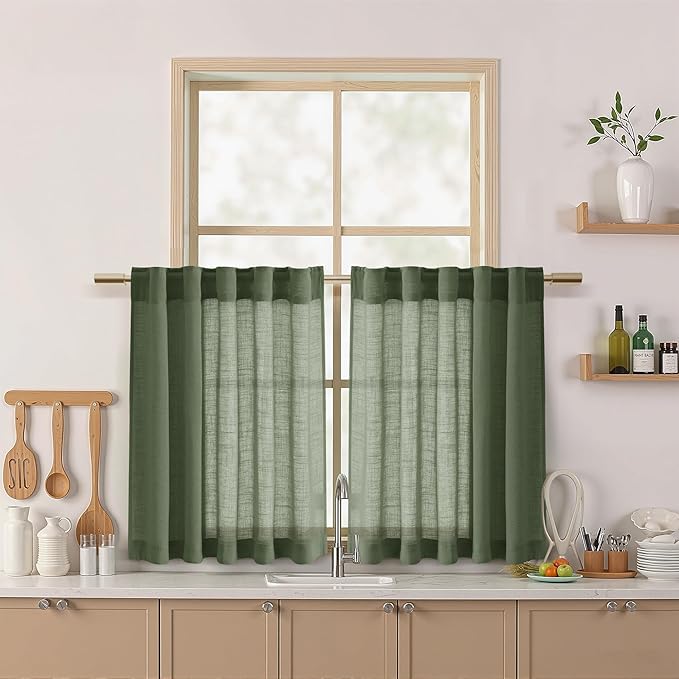 Nanspring Linen Kitchen Curtains 30 Inches Long 2 Panels Olive Green Semi Sheer Short Curtain Back Tab Rod Pocket Solid Privacy Cafe Tier Curtains for Cafe Bathroom Basement 36x30