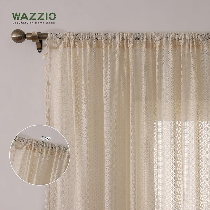 WAZZIO Boho Lace Curtains 72 Inches 2 Panel,Light Filtering Privacy Tassel & Geometry Crochet Semi Sheer Curtain Drapes for Bedroom Living Dining Room,Rod Pocket & Tassel,Vintage French Country,Beige