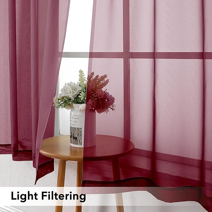 Simplebrand Red Short Sheer Curtains 45 Inch Length for Small Windows, Rod Pocket 2 Panels Set Solid Voile Drapes Window Sheer Curtains for Bedroom Bathroom Kids Room Kitchen, 42x45 Inch, Burgundy